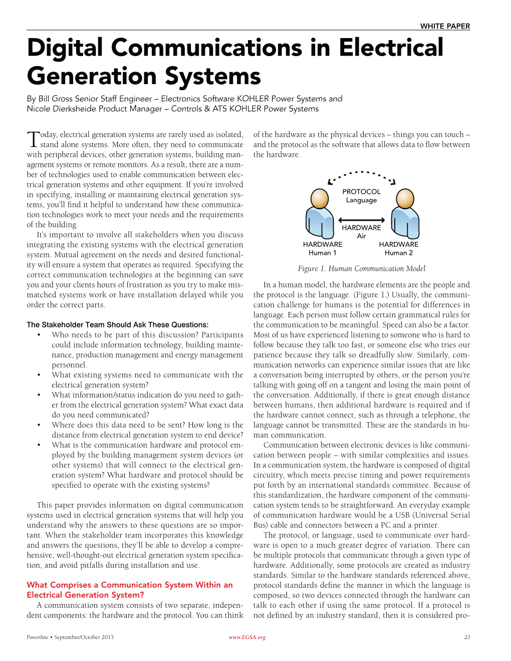Digital Communications in Electrical Generation Systems