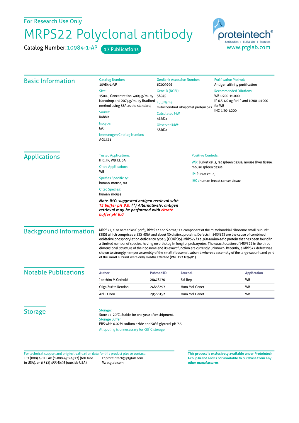 MRPS22 Polyclonal Antibody Catalog Number:10984-1-AP 17 Publications