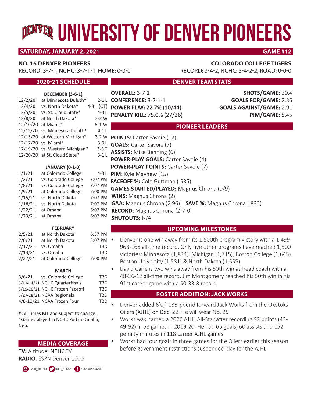 University of Denver Pioneers Saturday, January 2, 2021 Game #12 No