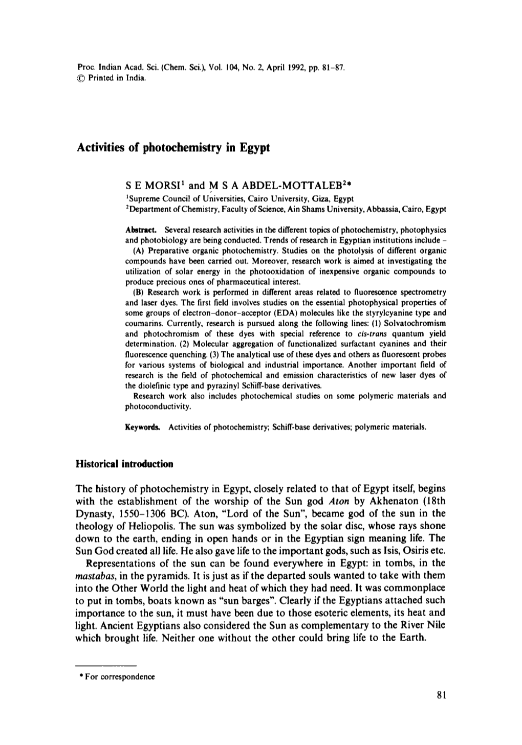 Activities of Photochemistry in Egypt