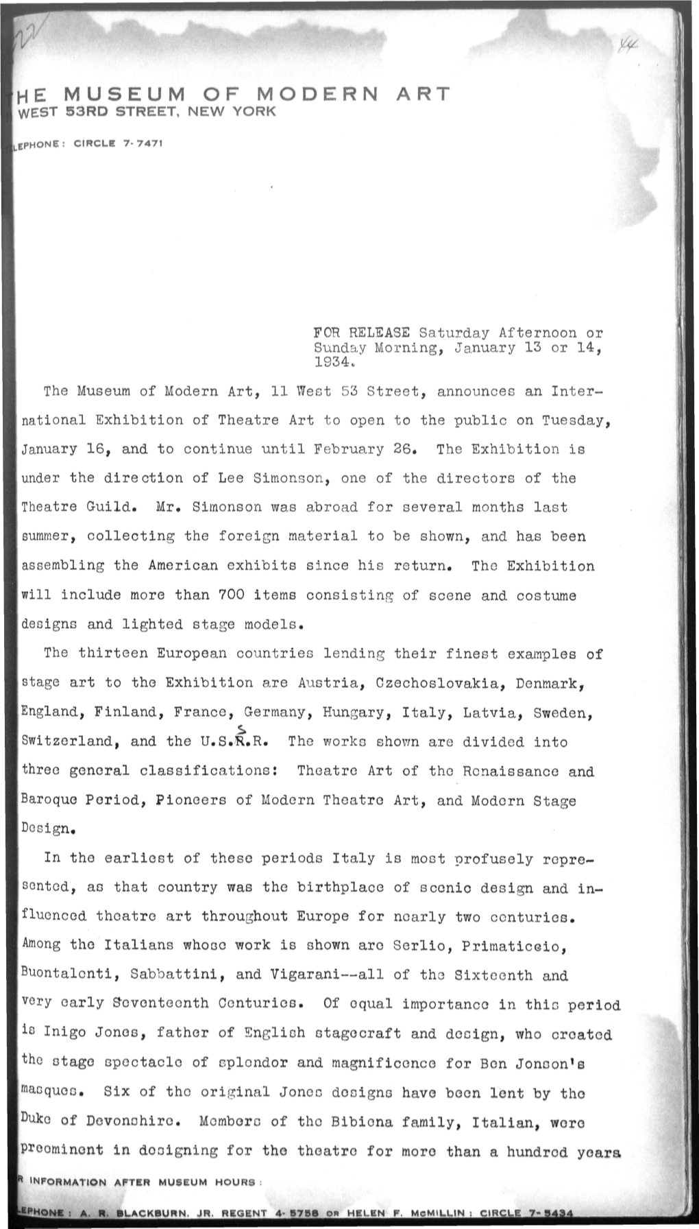 EXHIBIT of INTERNATIONAL THEATRE ART to OPEN January 13, 1934