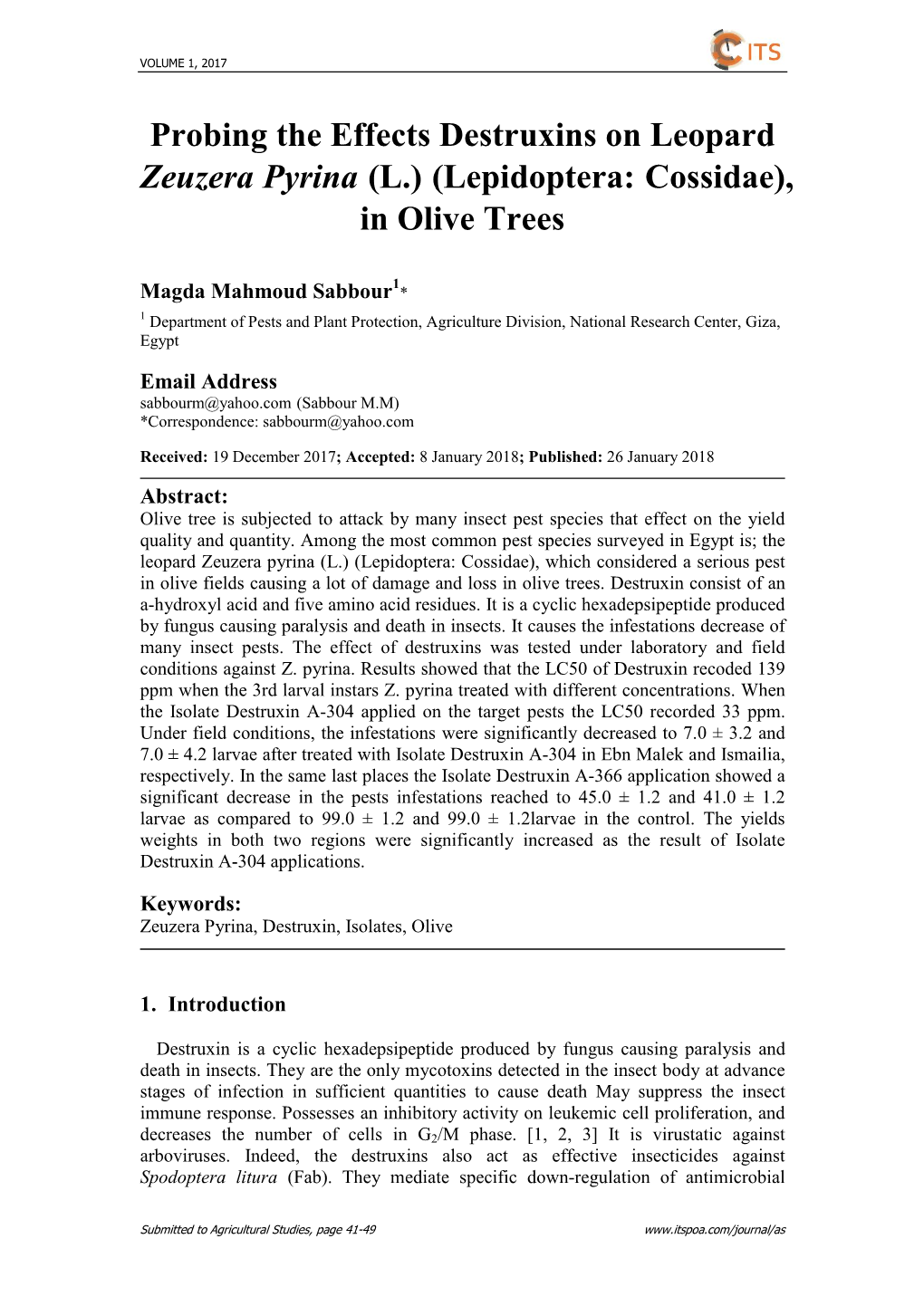 Probing the Effects Destruxins on Leopard Zeuzera Pyrina (L.) (Lepidoptera: Cossidae), in Olive Trees