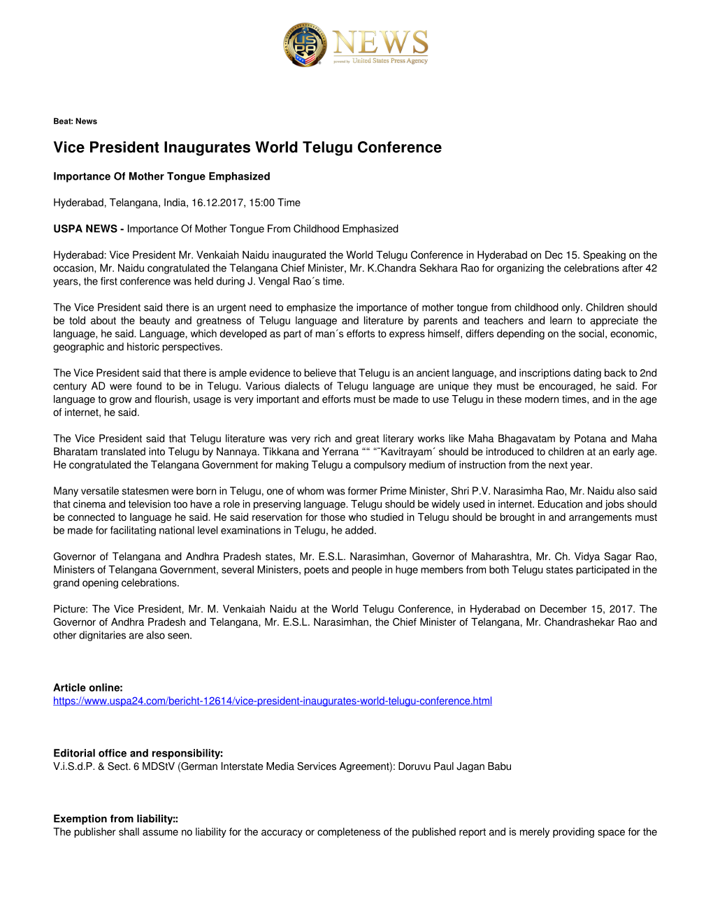 Vice President Inaugurates World Telugu Conference