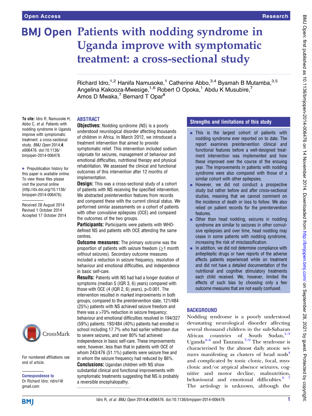 Patients with Nodding Syndrome in Uganda Improve with Symptomatic Treatment: a Cross-Sectional Study