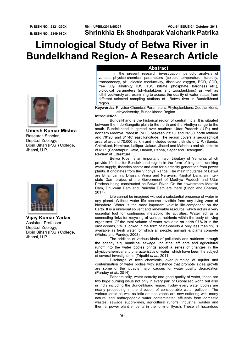 Limnological Study of Betwa River in Bundelkhand Region