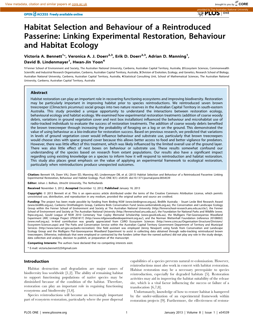 Habitat Selection and Behaviour of a Reintroduced Passerine: Linking Experimental Restoration, Behaviour and Habitat Ecology