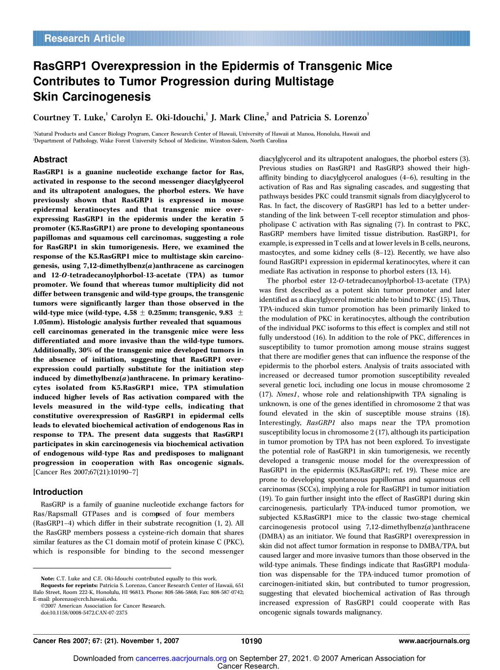 Rasgrp1 Overexpression in the Epidermis of Transgenic Mice Contributes to Tumor Progression During Multistage Skin Carcinogenesis Courtney T