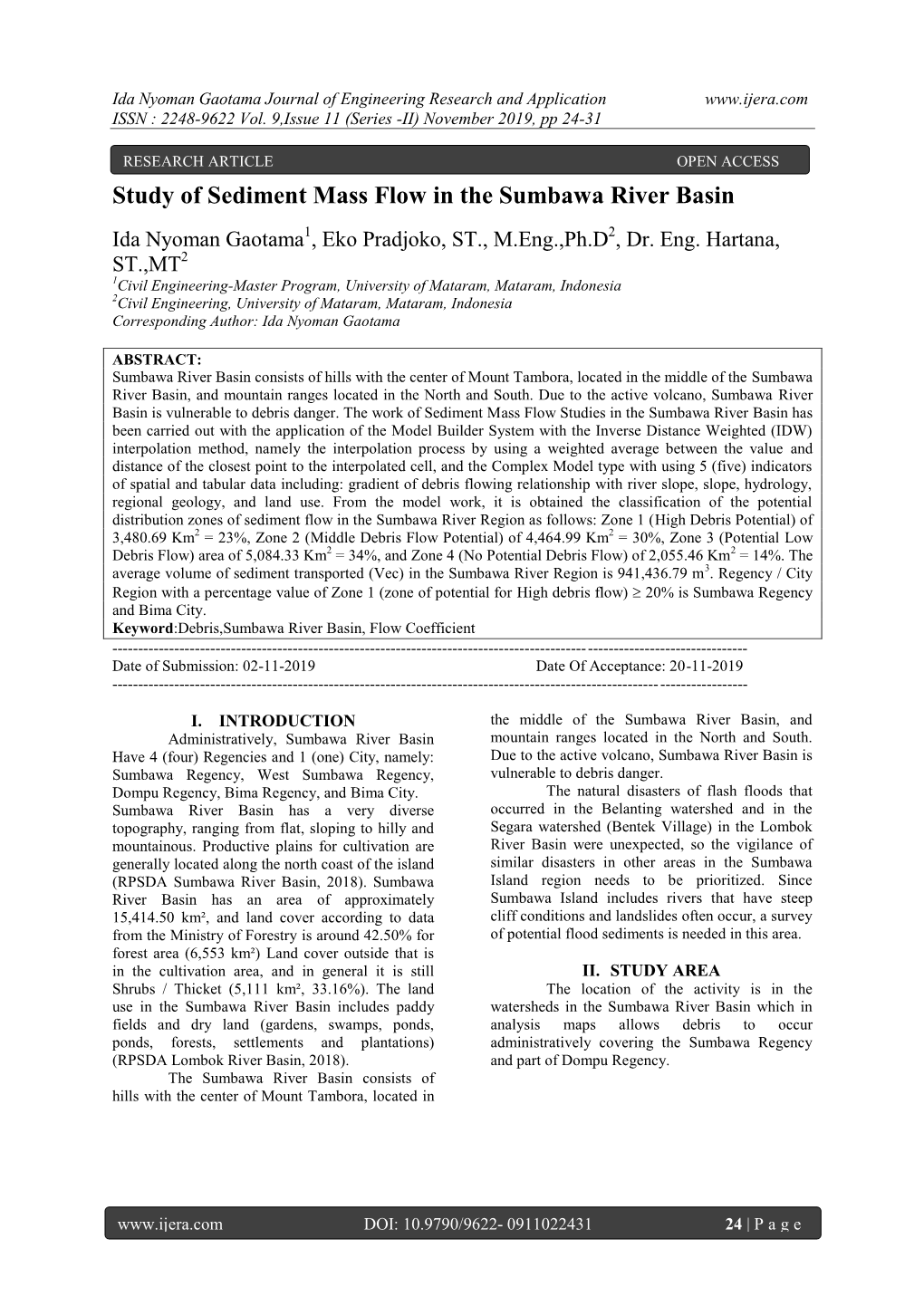 Study of Sediment Mass Flow in the Sumbawa River Basin