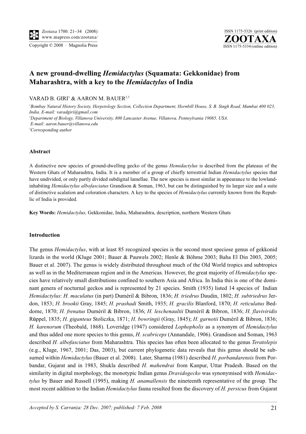 Zootaxa, a New Ground-Dwelling Hemidactylus (Squamata: Gekkonidae)