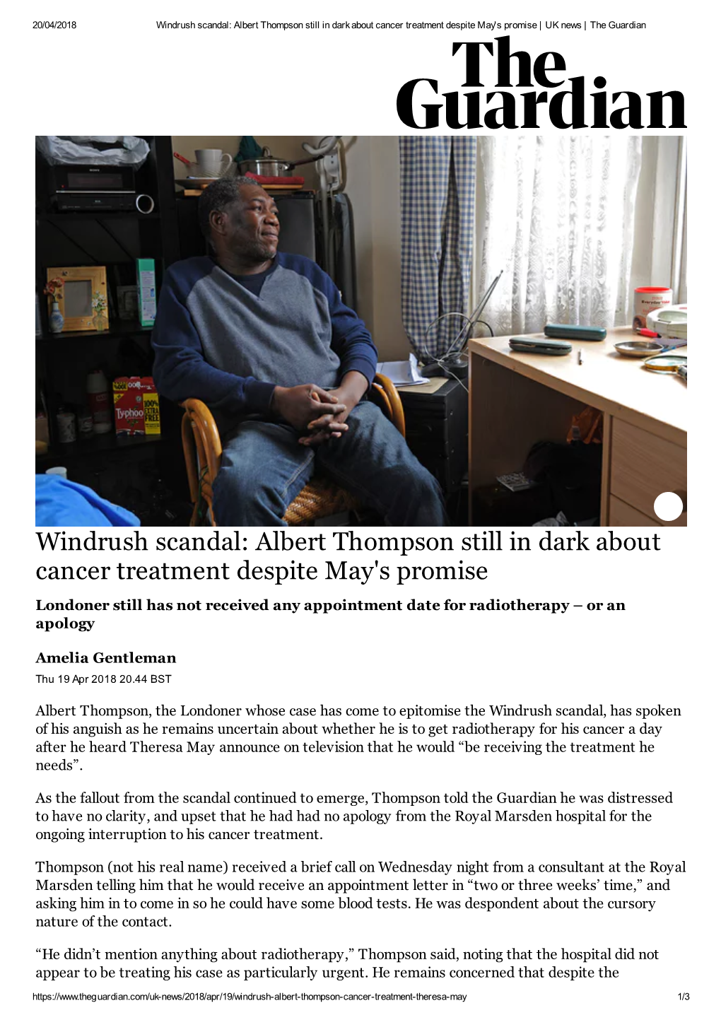 Windrush Scandal: Albert Thompson Still in Dark About Cancer Treatment Despite May's Promise | UK News | the Guardian