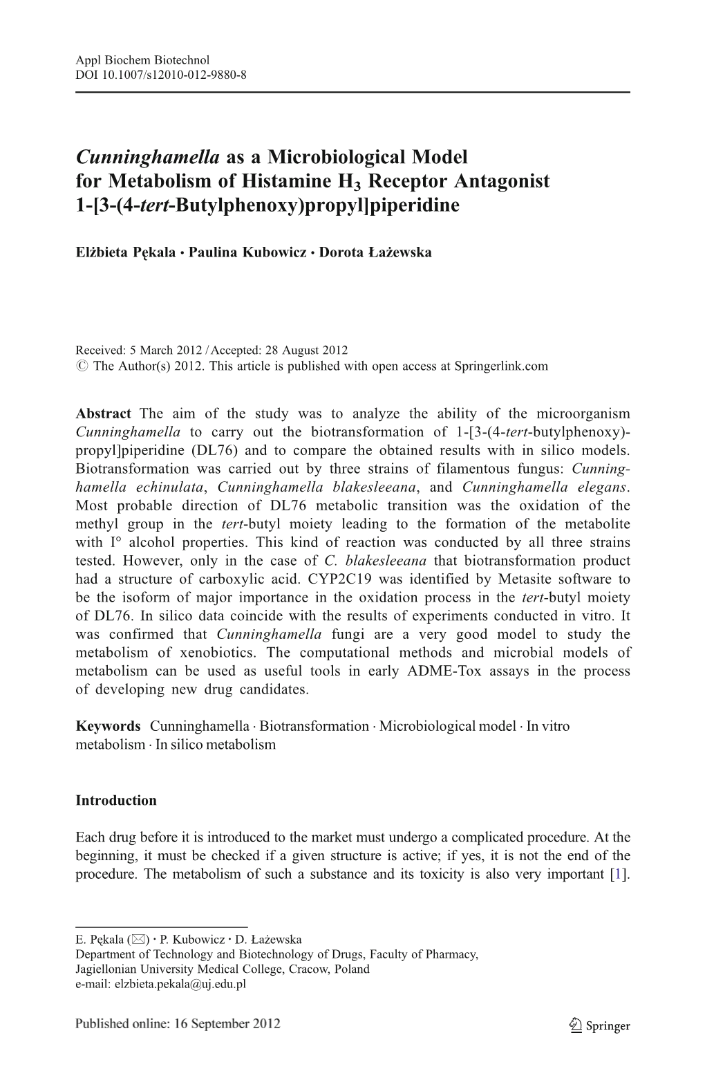 Cunninghamella As a Microbiological Model for Metabolism of Histamine H3 Receptor Antagonist 1-[3-(4-Tert-Butylphenoxy)Propyl]Piperidine