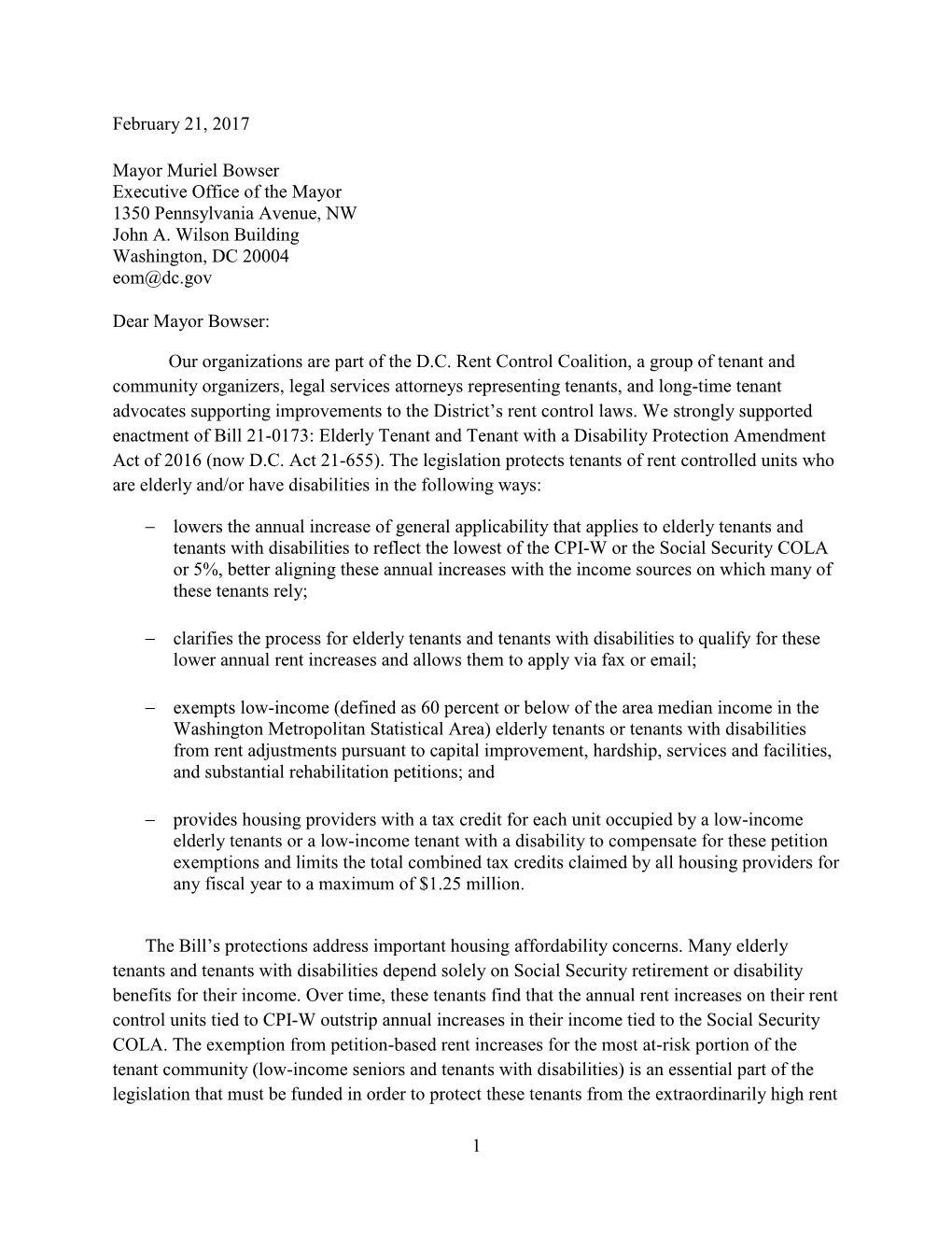 Letter to Mayor Muriel Bowser in Support of Bill 21-0173 Elderly