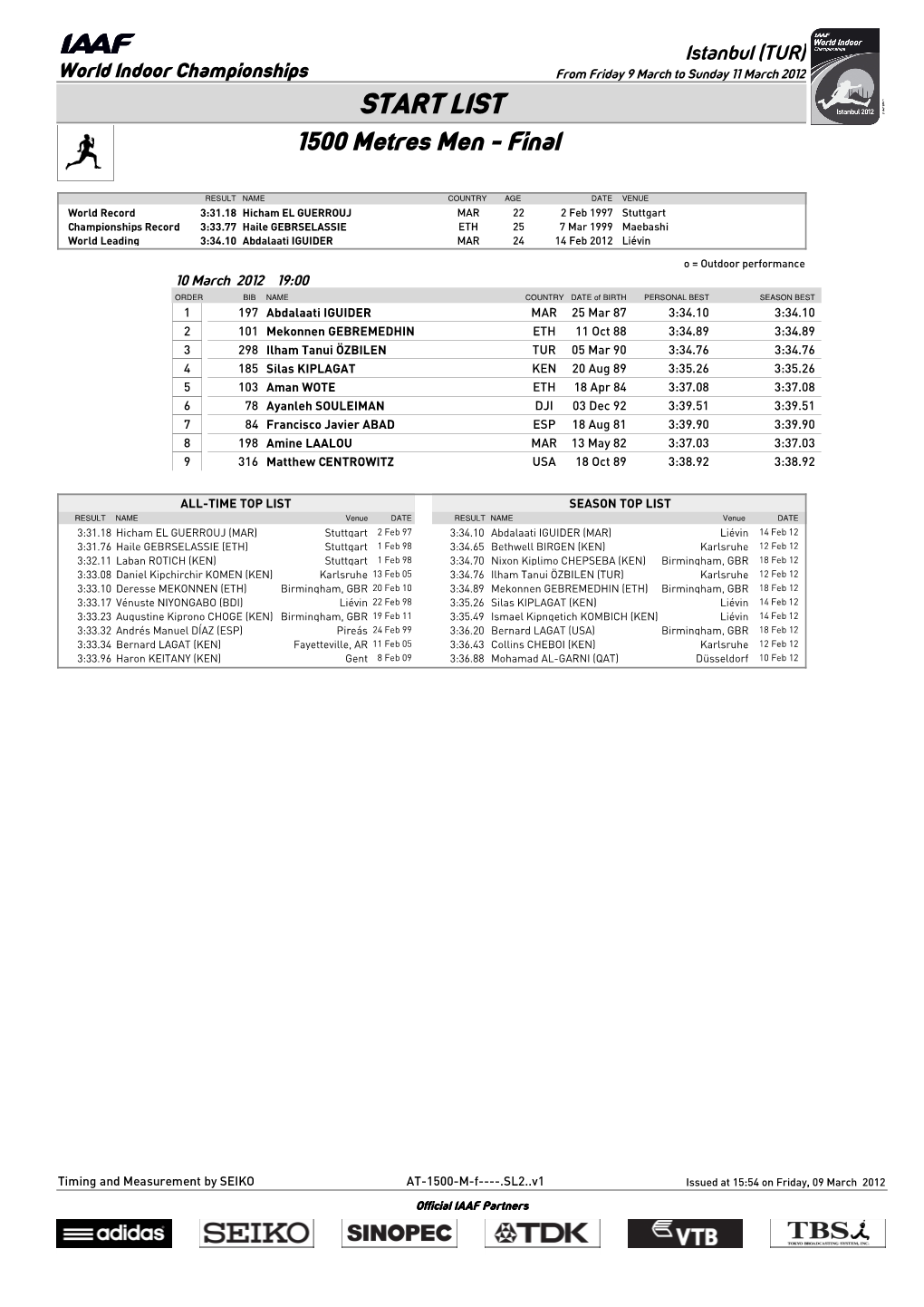 START LIST 1500 Metres Men - Final