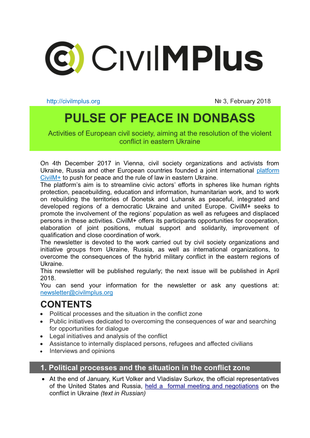 PULSE of PEACE in DONBASS Activities of European Civil Society, Aiming at the Resolution of the Violent Conflict in Eastern Ukraine