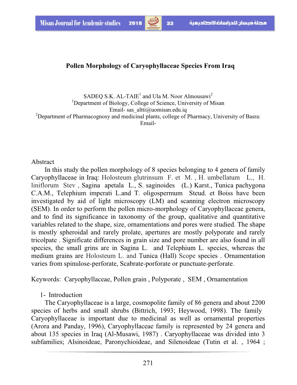 Pollen Morphology of Caryophyllaceae Species from Iraq