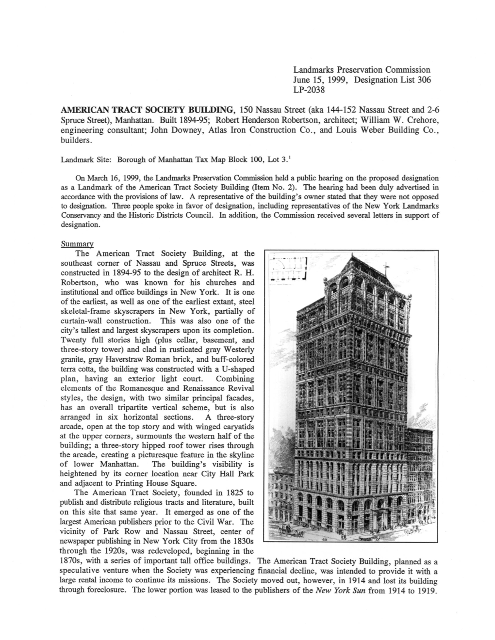AMERICAN TRACT SOCIETY BUILDING, 150 Nassau Street (Aka 144-152 Nassau Street and 2-6 Spruce Street), Manhattan