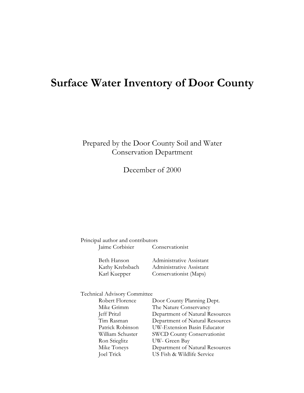 Surface Water Inventory of Door County