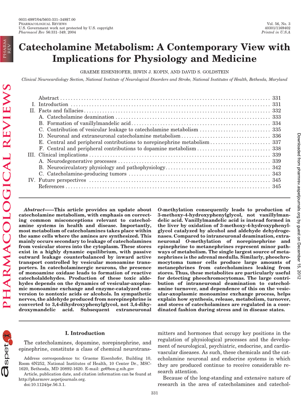 Catecholamine Metabolism: a Contemporary View with Implications for Physiology and Medicine