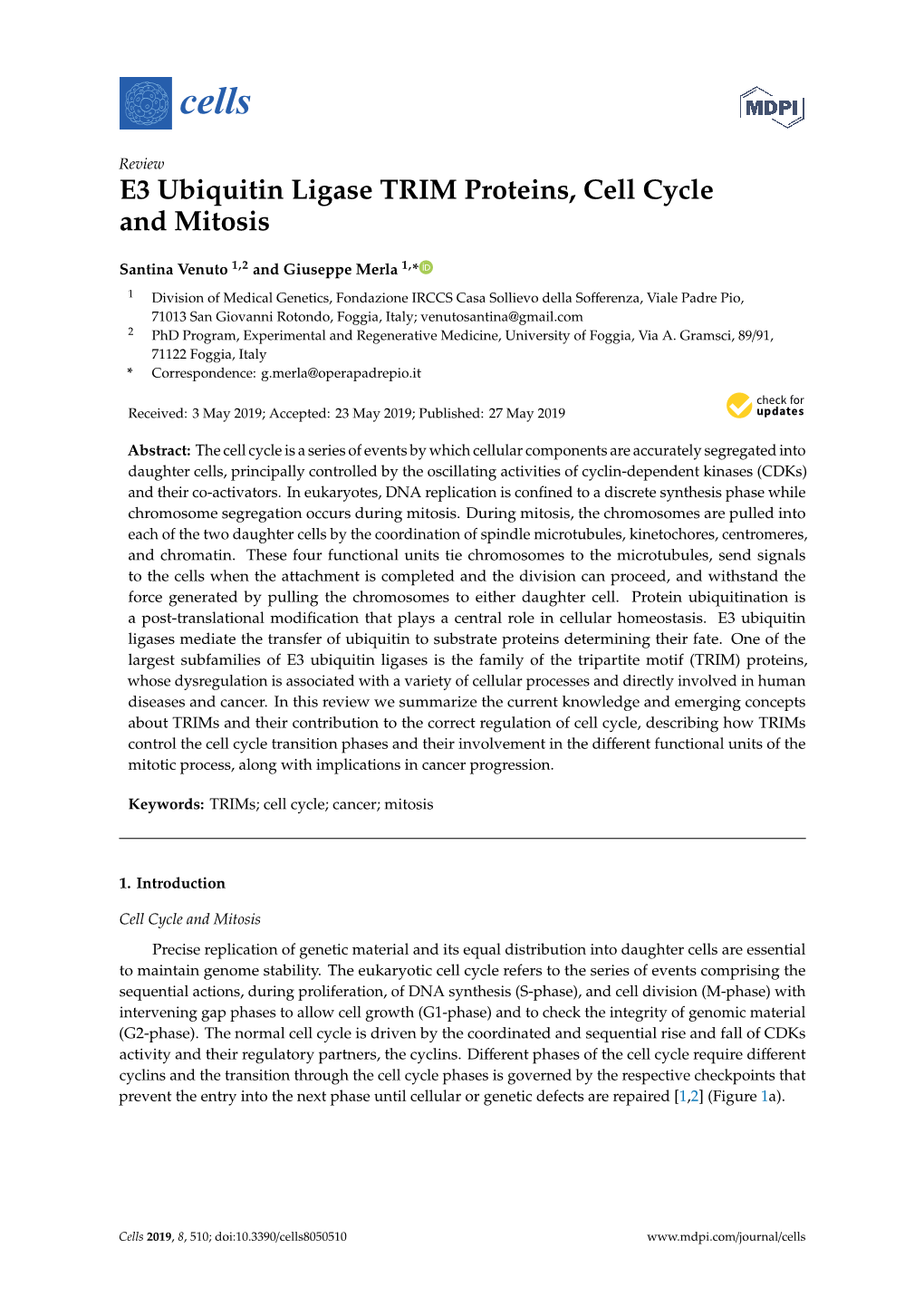 E3 Ubiquitin Ligase TRIM Proteins, Cell Cycle and Mitosis