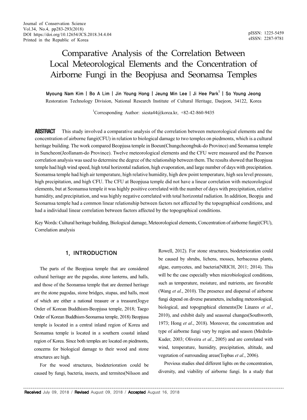 Comparative Analysis of the Correlation Between Local Meteorological Elements and the Concentration of Airborne Fungi in the Beopjusa and Seonamsa Temples