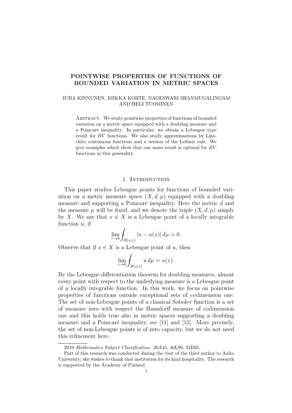 Pointwise Properties of Functions of Bounded Variation in Metric Spaces