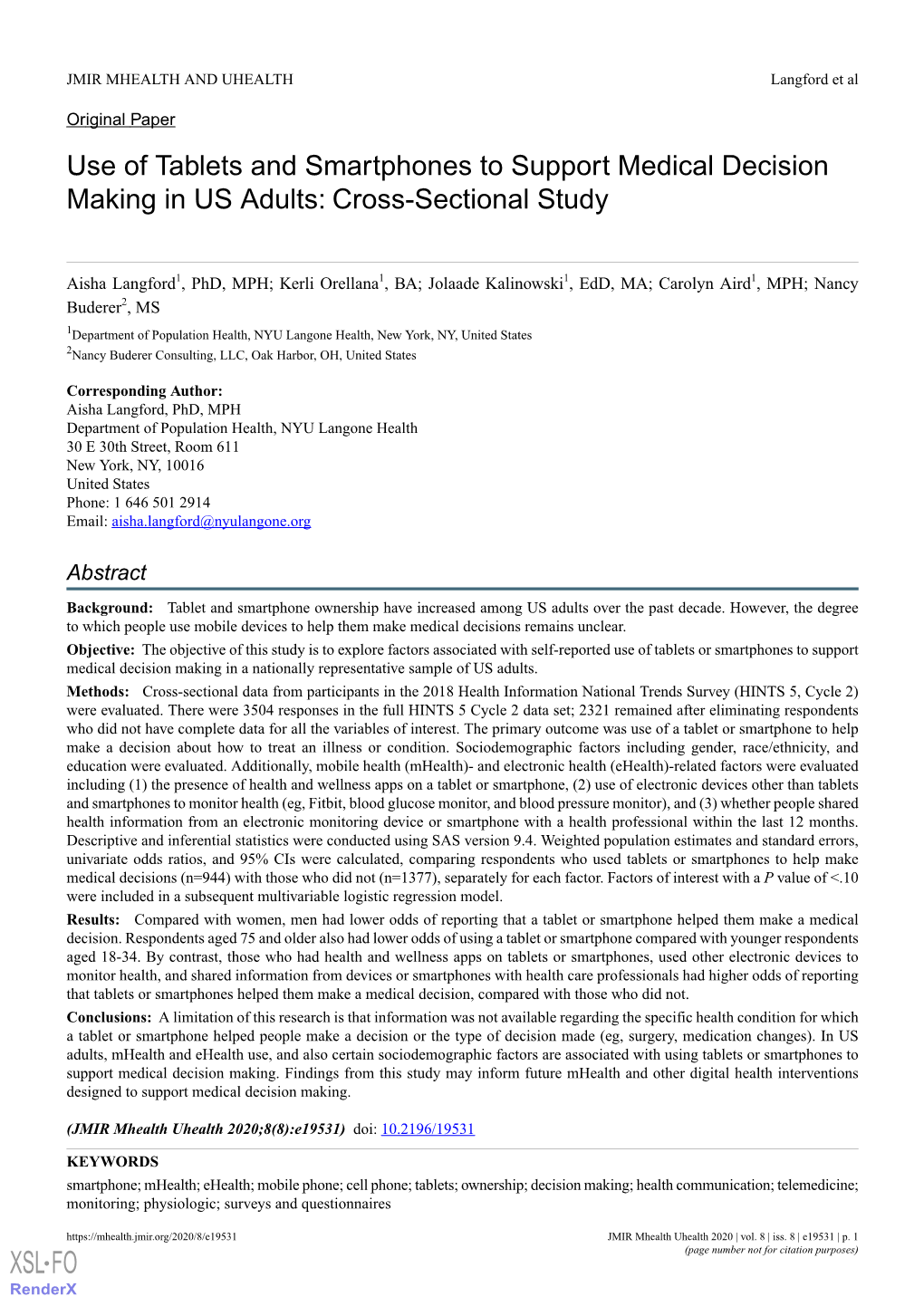 Use of Tablets and Smartphones to Support Medical Decision Making in US Adults: Cross-Sectional Study