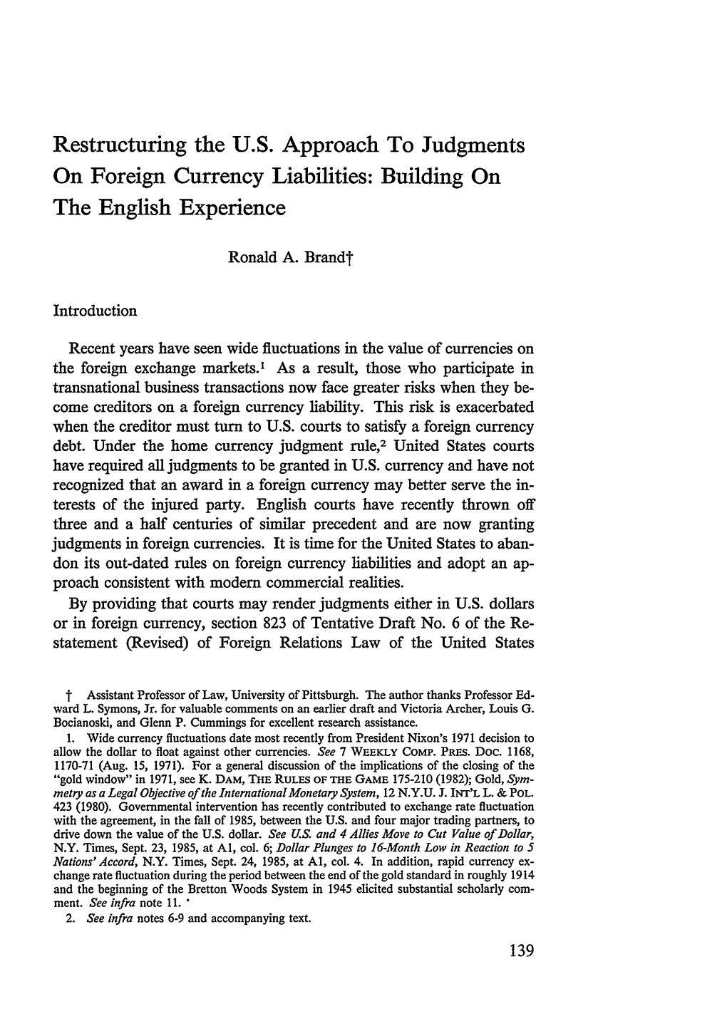 Restructuring the U.S. Approach to Judgments on Foreign Currency Liabilities: Building on the English Experience