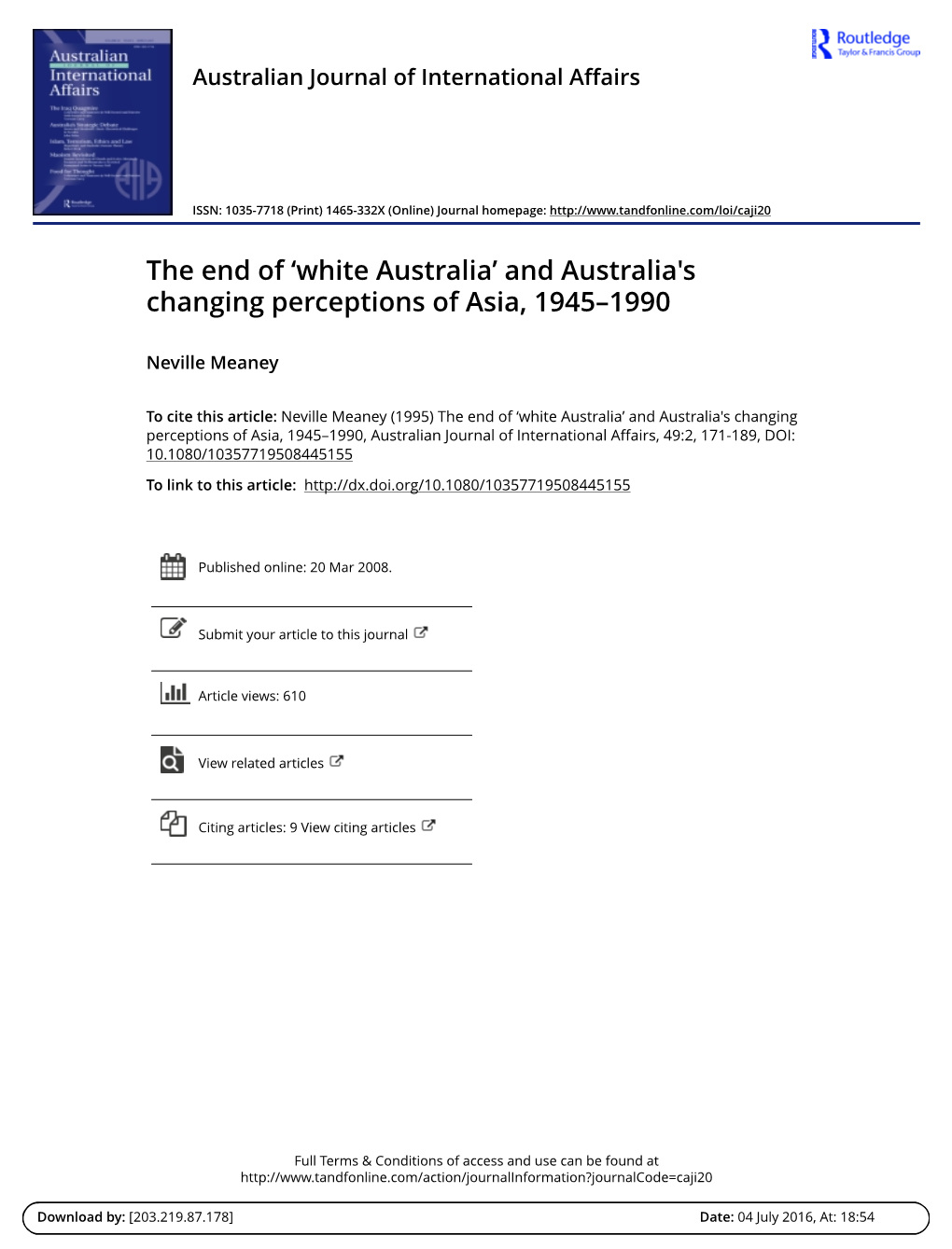 And Australia's Changing Perceptions of Asia, 1945–1990