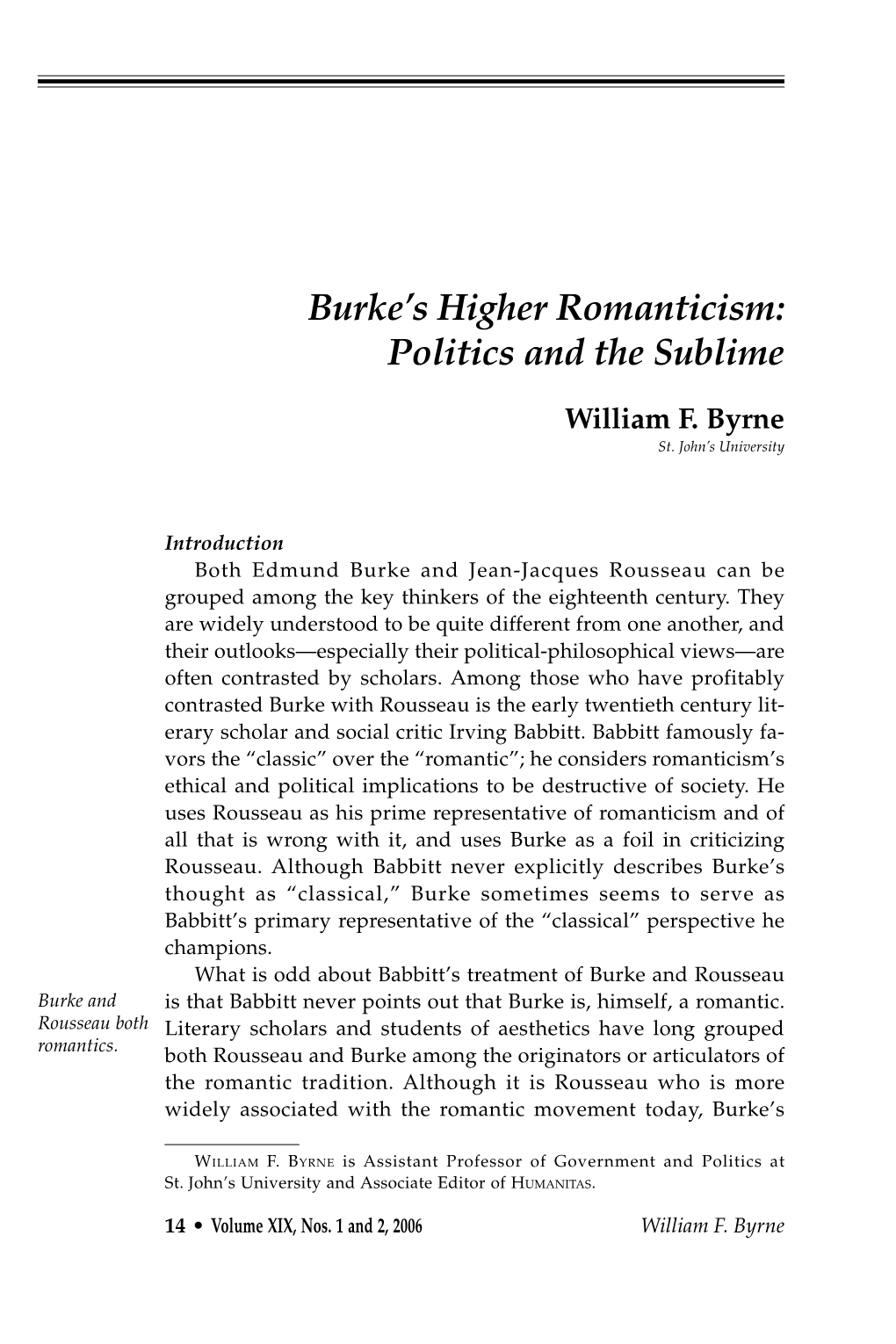 Burke's Higher Romanticism: Politics and the Sublime