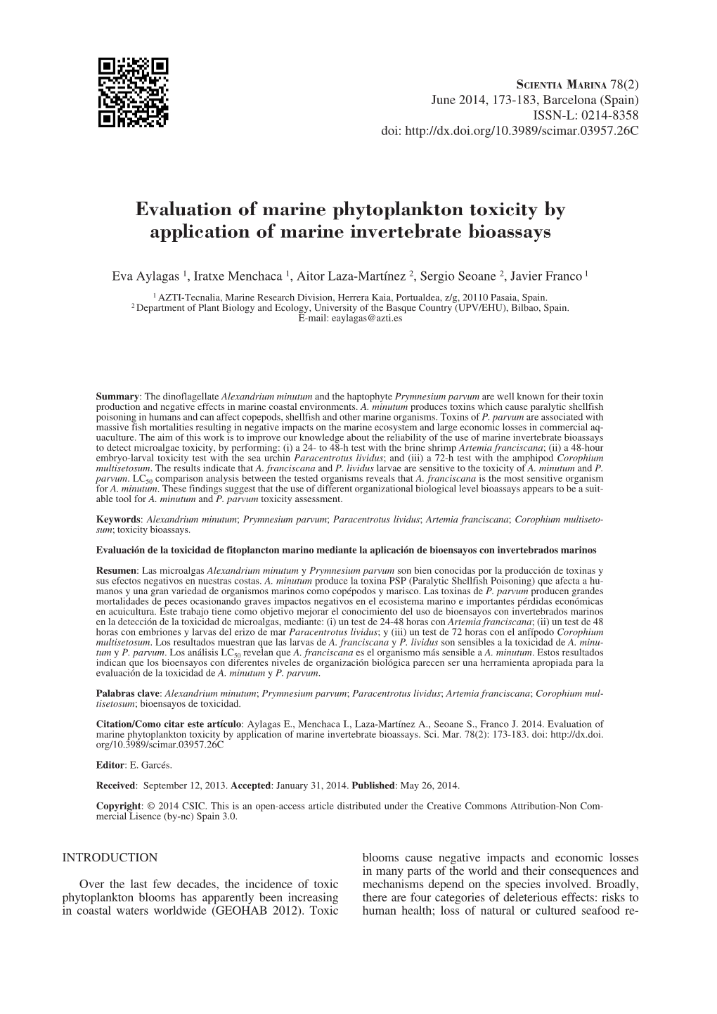 Evaluation of Marine Phytoplankton Toxicity by Application of Marine Invertebrate Bioassays