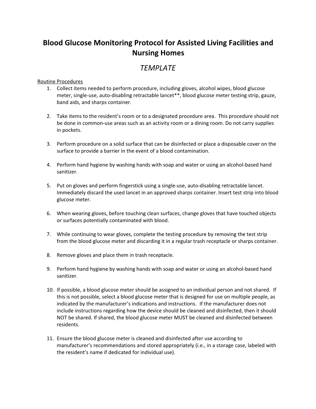 Blood Glucose Monitoring Protocol for Assisted Living Facilities and Nursing Homes