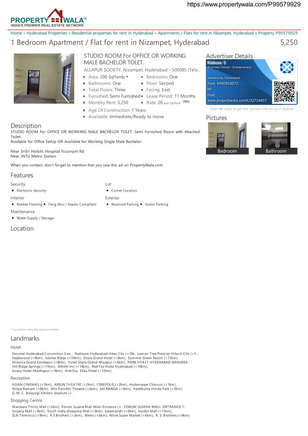 1 Bedroom Apartment / Flat for Rent in Nizampet, Hyderabad 5,250 STUDIO ROOM for OFFICE OR WORKING Advertiser Details MALE BACHELOR TOLET