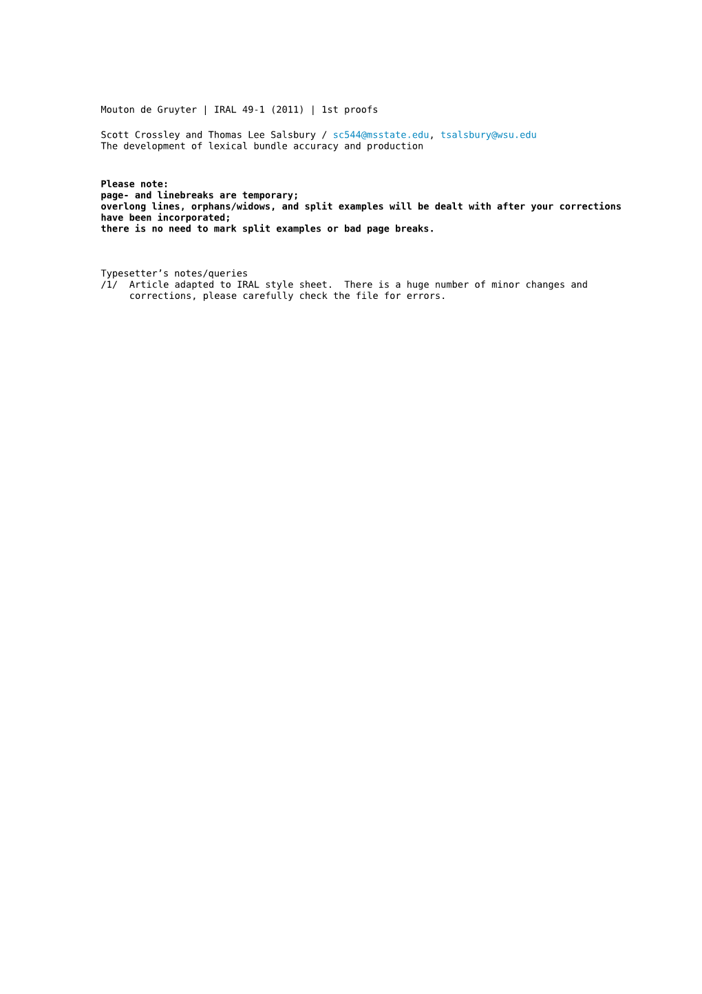 Mouton De Gruyter | IRAL 49-1 (2011) | 1St Proofs Scott Crossley and Thomas Lee Salsbury / Sc544@Msstate.Edu, Tsalsbury@Wsu.Edu