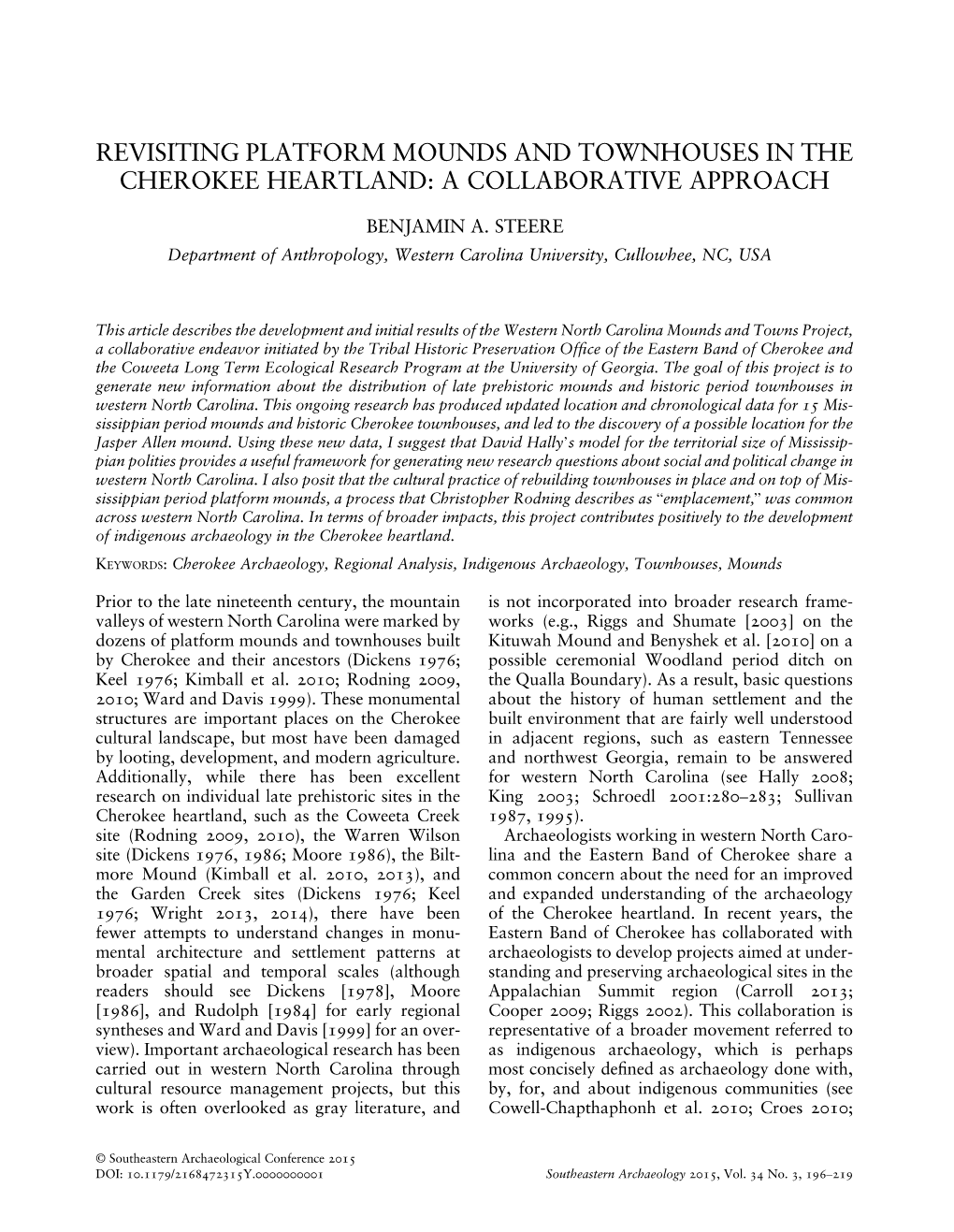 Revisiting Platform Mounds and Townhouses in the Cherokee Heartland: a Collaborative Approach