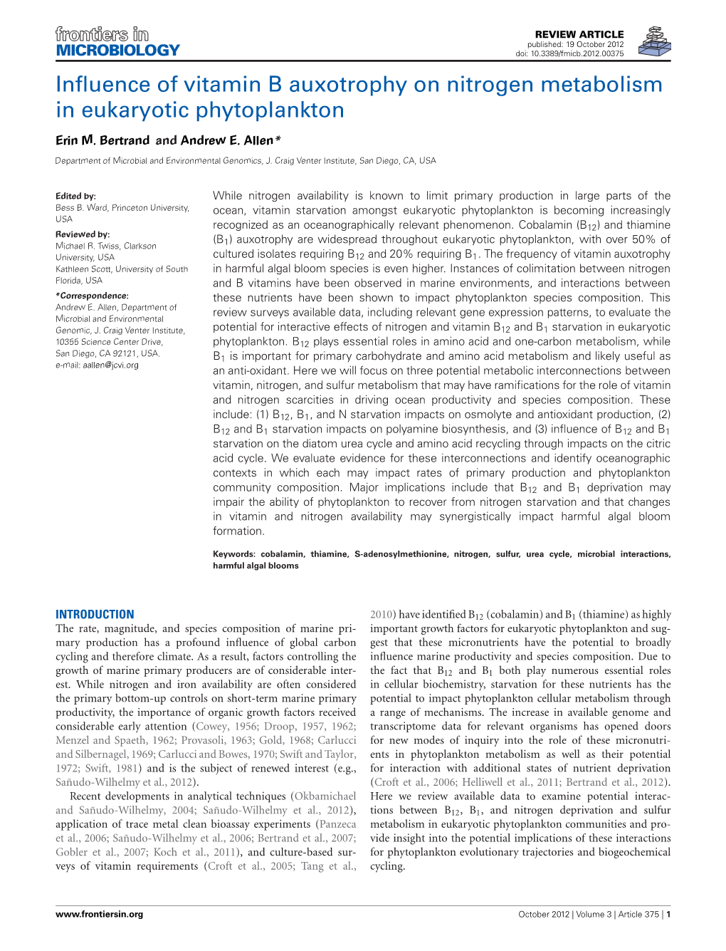 Influence of Vitamin B Auxotrophy on Nitrogen Metabolism in Eukaryotic