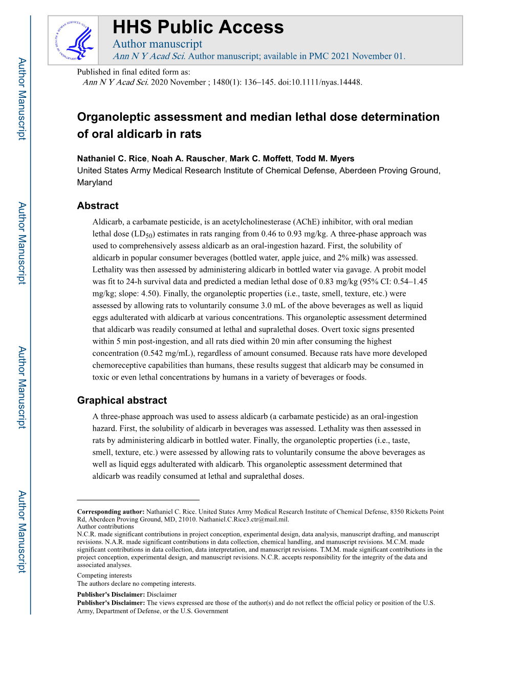 Organoleptic Assessment and Median Lethal Dose Determination of Oral Aldicarb in Rats