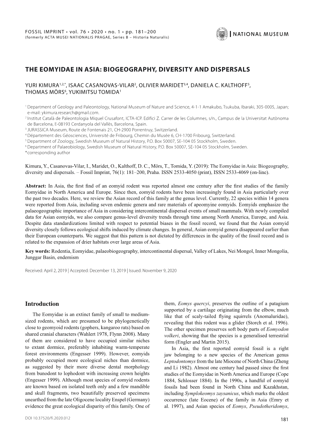 The Eomyidae in Asia: Biogeography, Diversity and Dispersals