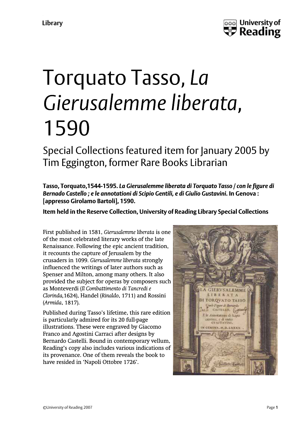 Torquato Tasso, La Gierusalemme Liberata, 1590 Special Collections Featured Item for January 2005 by Tim Eggington, Former Rare Books Librarian