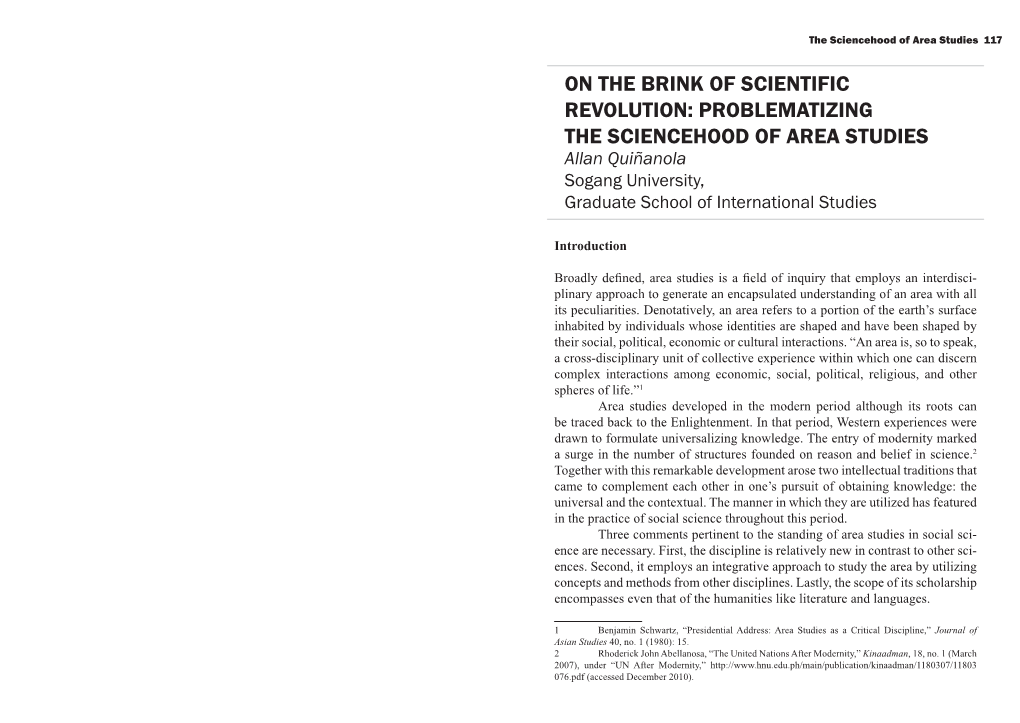 PROBLEMATIZING the SCIENCEHOOD of AREA STUDIES Allan Quiñanola Sogang University, Graduate School of International Studies