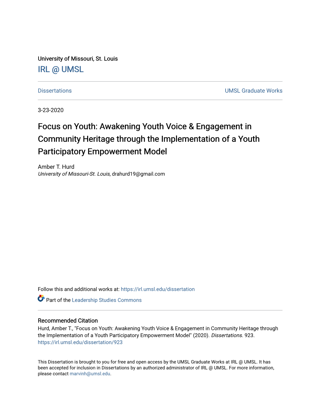 Focus on Youth: Awakening Youth Voice & Engagement in Community Heritage Through the Implementation of a Youth Participatory