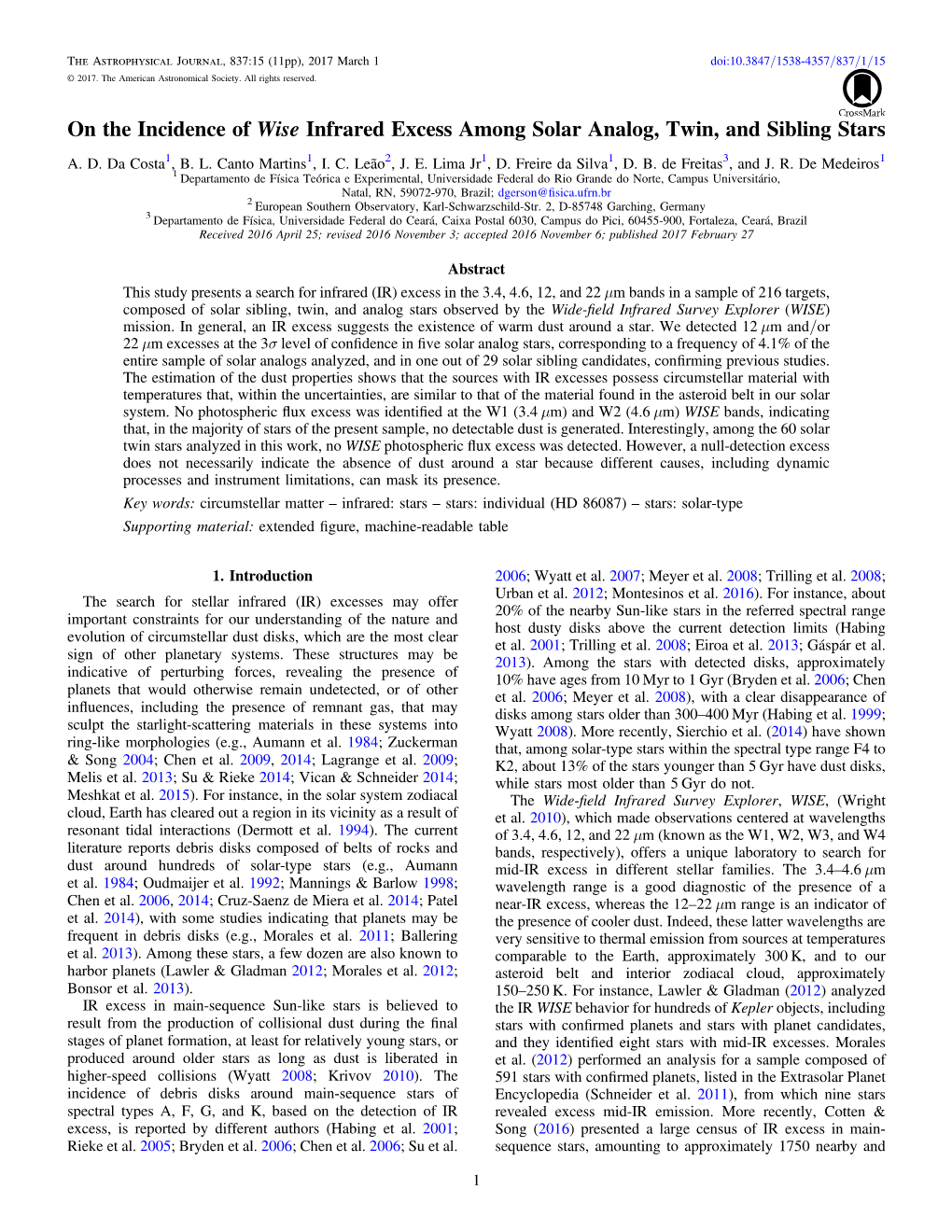 PDF, on the Incidence of Wise Infrared Excess Among Solar