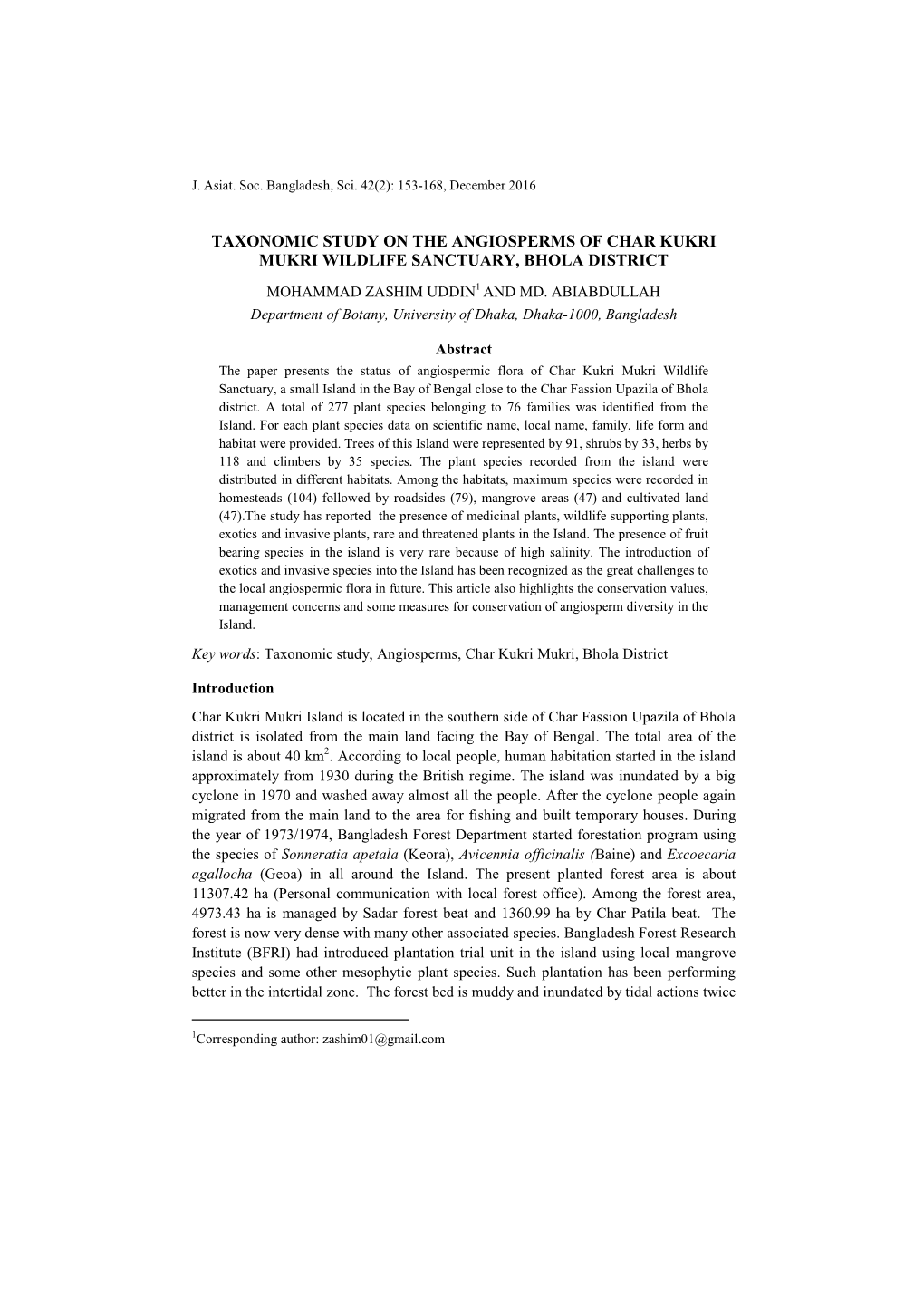 Taxonomic Study on the Angiosperms of Char Kukri Mukri Wildlife Sanctuary, Bhola District