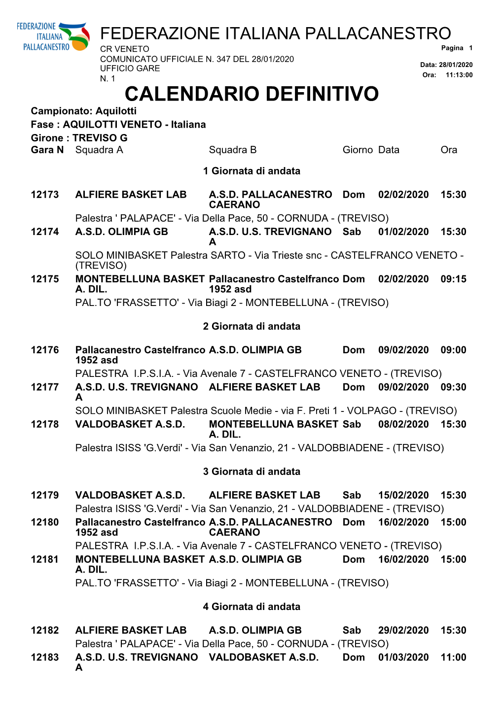 CALENDARIO DEFINITIVO Campionato: Aquilotti Fase : AQUILOTTI VENETO - Italiana Girone : TREVISO G Gara N Squadra a Squadra B Giorno Data Ora