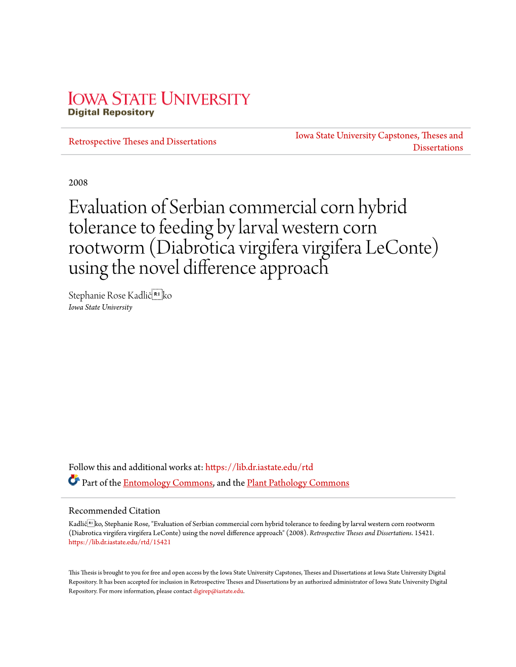 Evaluation of Serbian Commercial Corn Hybrid Tolerance to Feeding By