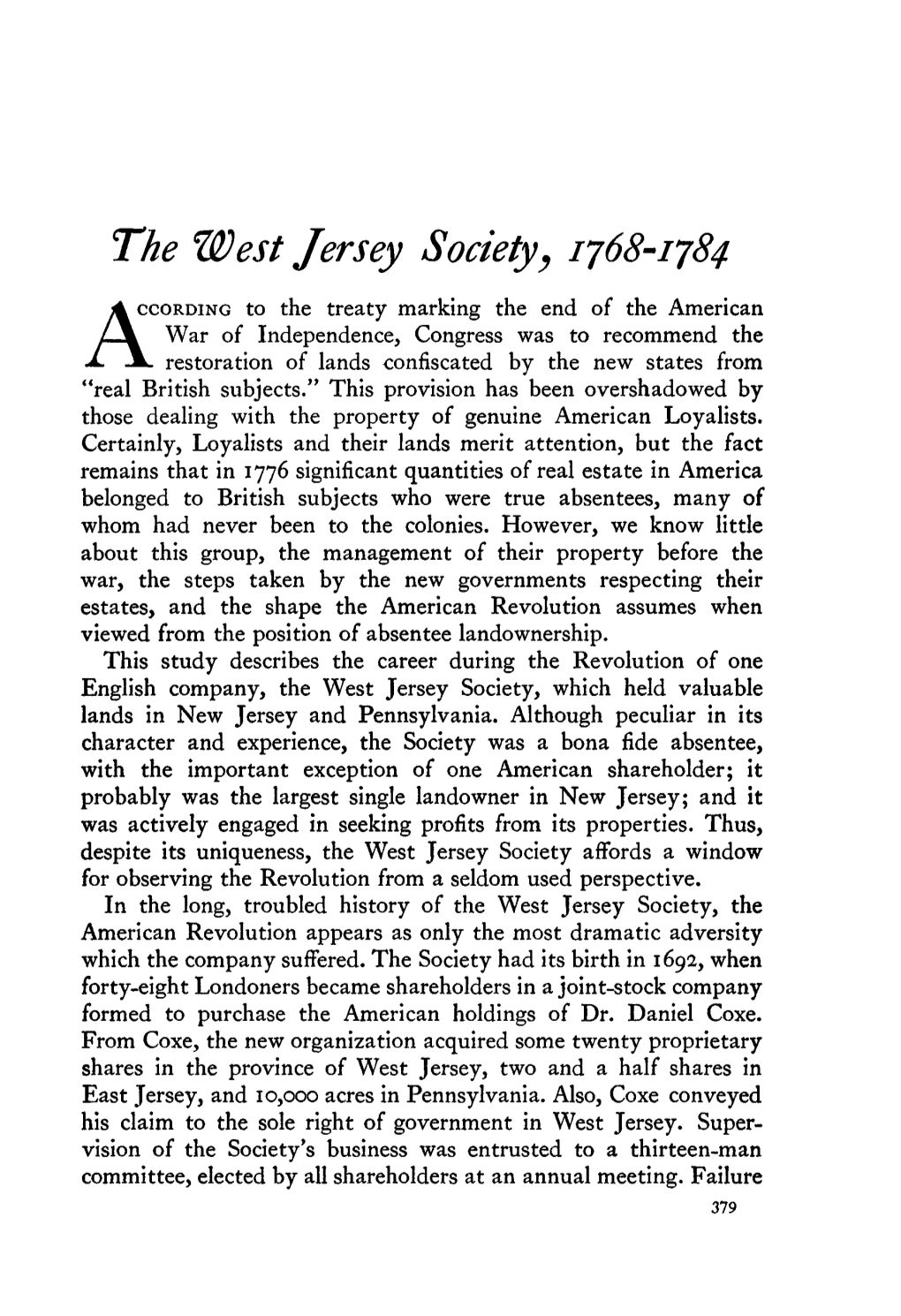 The West Jersey Society, 1768-1784