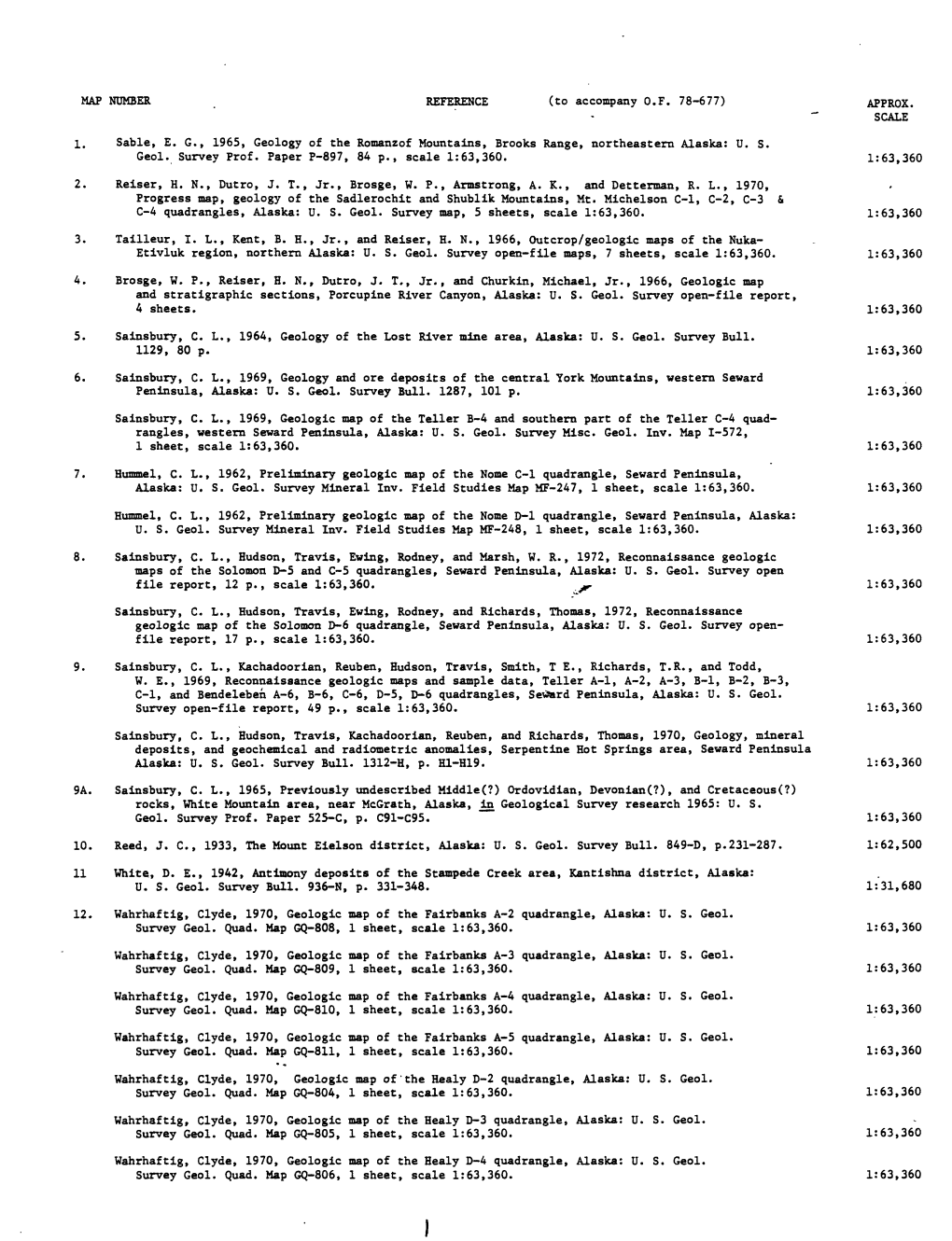 MAP NUMBER REFERENCE (To Accompany O.F. 78-677) APPROX. SCALE 1. Sable, E. G., 1965, Geology of the Romanzof Mountains, Brooks Range, Northeastern Alaska: U