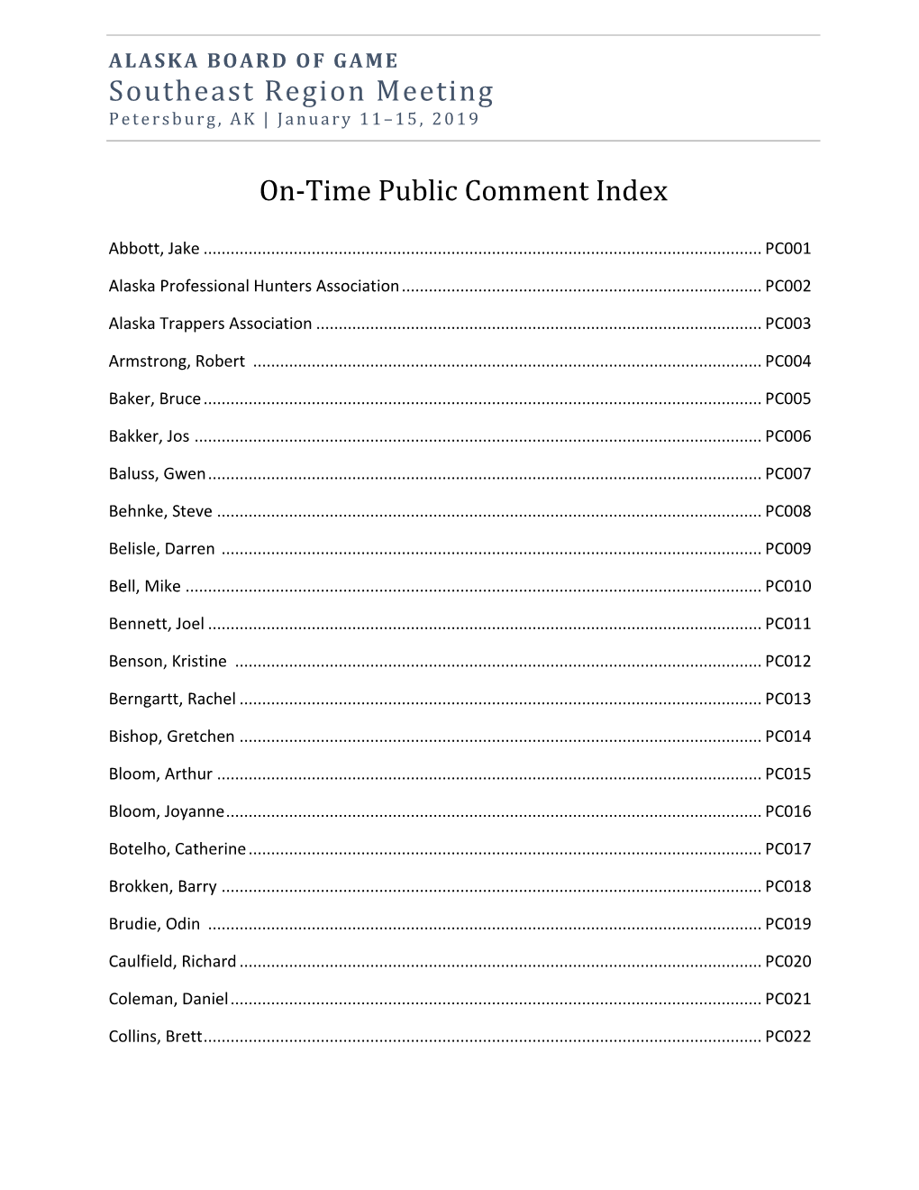 Southeast Region Meeting On-Time Public Comment Index