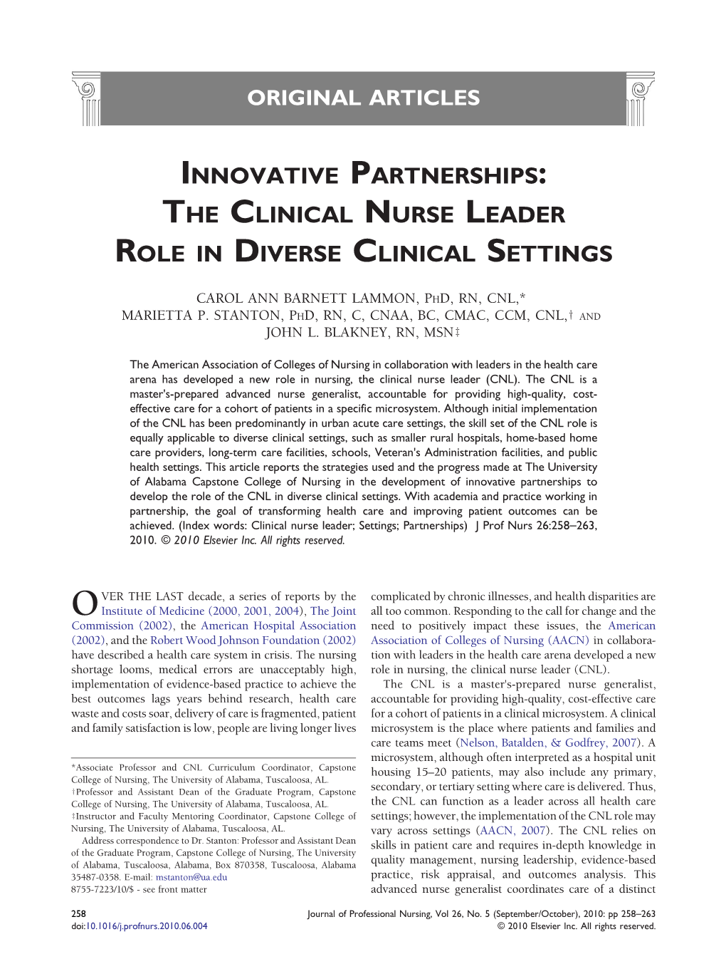 Innovative Partnerships: the Clinical Nurse Leader Role in Diverse Clinical Settings