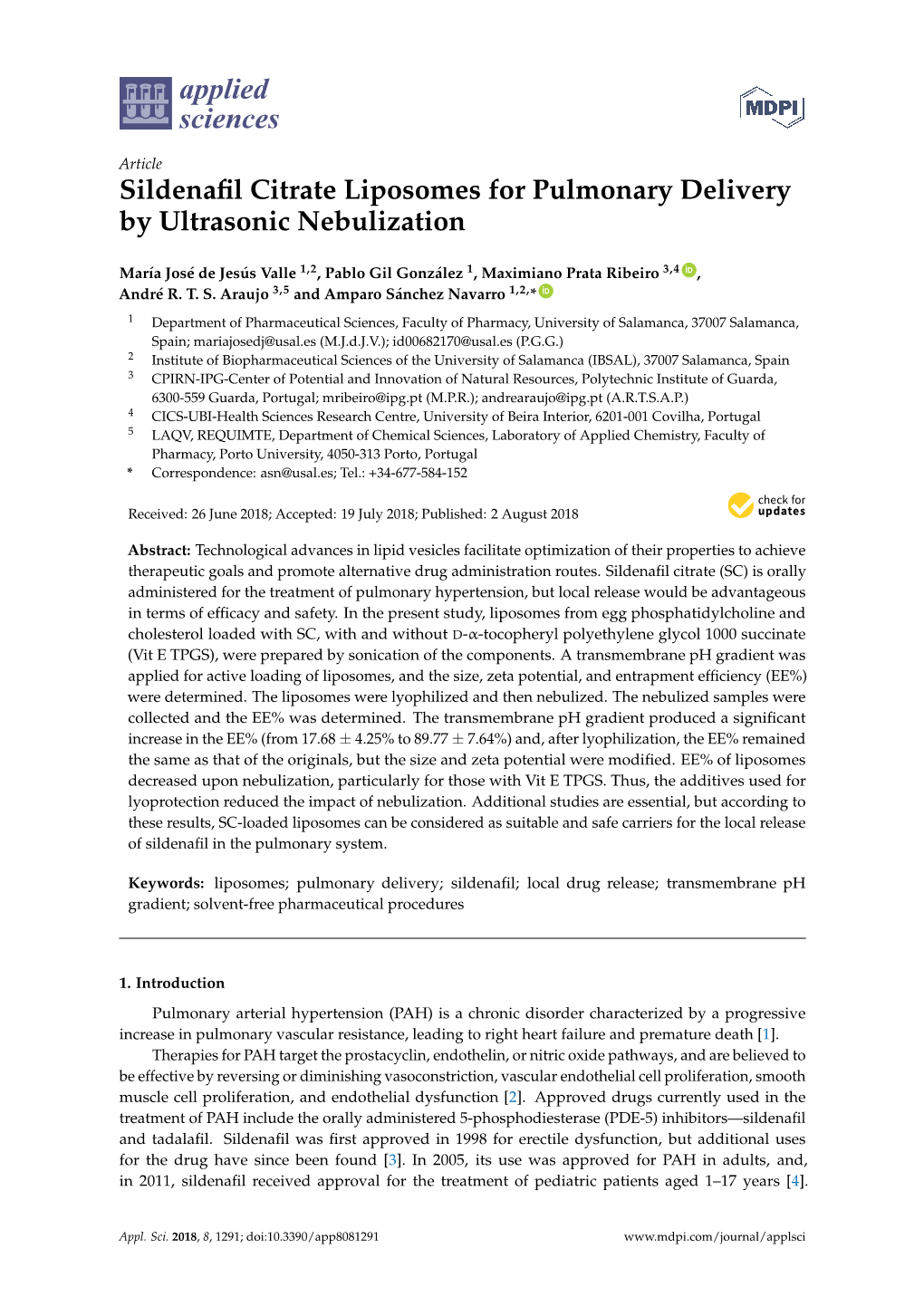 Sildenafil Citrate Liposomes for Pulmonary Delivery by Ultrasonic