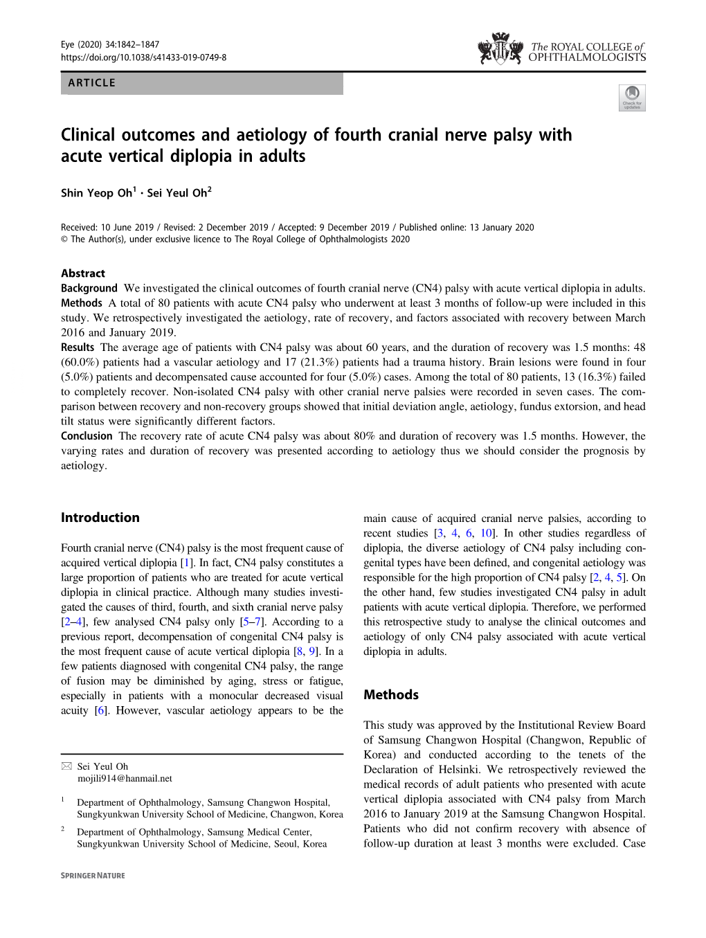 Clinical Outcomes and Aetiology of Fourth Cranial Nerve Palsy with Acute Vertical Diplopia in Adults